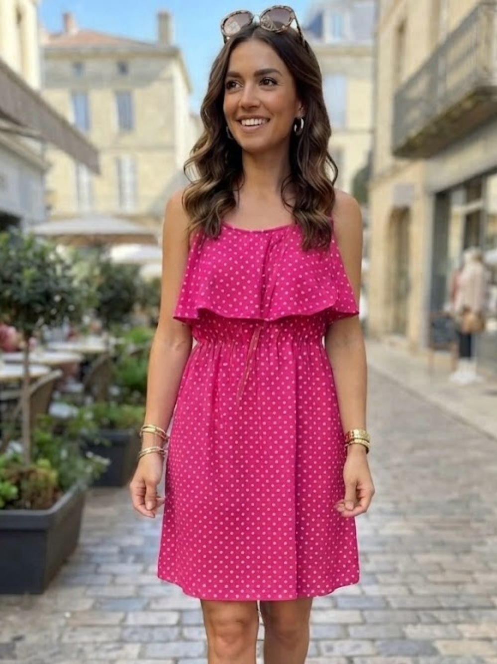 Soprano Hot Pink Tan Polka Dot Ruffle Sundress Barbiecore Feminine Party Chic